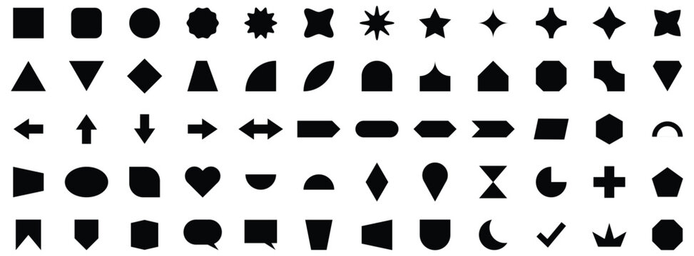 Basic Shape Elements with Rounded and Sharp Corners, Minimal Black Flat, Geometric Shape Icon Set.