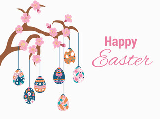 Fototapeta premium Happy Easter Greeting with Hanging Eggs. Cute Easter illustration for poster and banner design