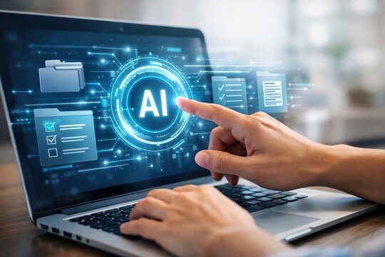 AI interaction: An individual engages with the innovative realm of Artificial Intelligence, their fingertip poised to activate the digital AI interface.