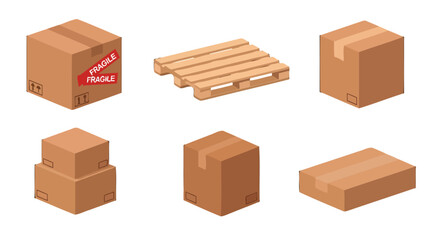 Fototapeta premium Various isometric brown cardboard shipping boxes some with fragile labels and a wooden pallet.