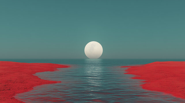 A serene wide-angle extraterrestrial landscape featuring vibrant red sandbanks meeting a calm teal ocean under a clear sky with a massive glowing moon on the horizon.