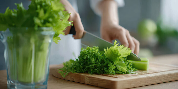 Fresh green celery being chopped on wooden board by careful hands preparing healthy organic vegetable salad for diet meal in bright kitchen with cooking lifestyle atmosphere