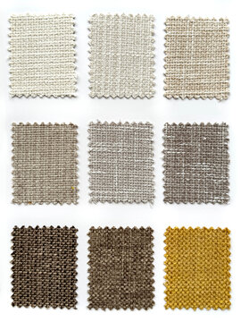 Close up of color swatch samples of brown and beige fabric in cotton linen pattern. Fabric samples for designers. Isolated on white background. Seamless background texture