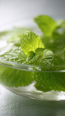 Fresh green mint leaf floating on clear water in glass bowl creating refreshing natural herbal drink with organic texture and clean aroma for healthy lifestyle and cool spa relaxation vibes