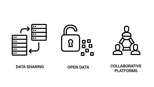 Icons illustrating data sharing, open data, and collaborative platforms, promoting transparency and teamwork in the digital age.