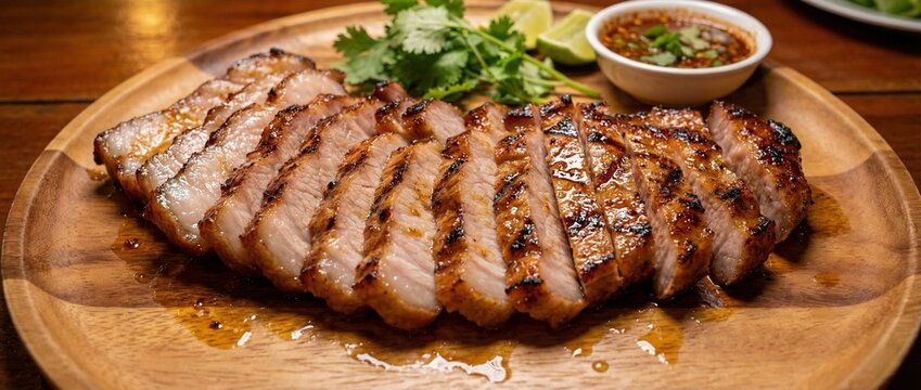 Premium Thai grilled pork neck Kor Moo Yang with caramelized glaze and marbleized fat