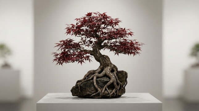 Detailed red maple bonsai on pedestal display in minimalist art gallery setting with soft focus on background