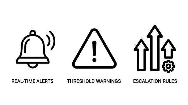 Business icons for real-time alerts, threshold warnings, and escalation rules, symbolizing critical monitoring and response systems.