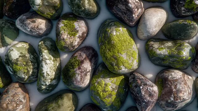 Spring snow ice thaw, end of Winter Season, hope, fresh start. A lowangle view of mosscovered pebbles on a beach, with a watermark in the bottom right corner. The rocks are a mix of green and brown.