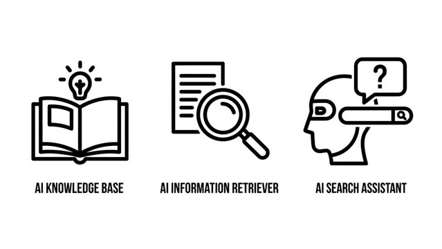 AI knowledge base, information retriever and search assistant icons representing artificial intelligence, learning and search technology.
