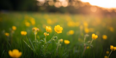 Fototapeta premium Beautiful yellow flowers in a green grass field at sunset natural scenery outdoors