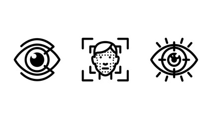 Biometric security icons showing eye tracking, facial recognition, and target for identity verification and surveillance.