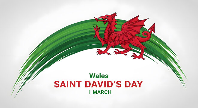 Wales Saint David&rsquo;s Day March 1 celebration banner with red Welsh dragon and dynamic green brush stroke design on white background patriotic national holiday concept