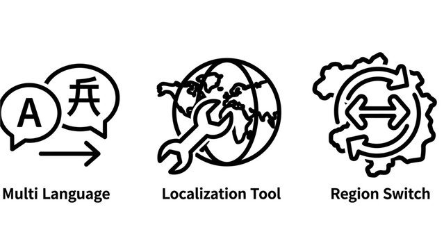Icons for multi-language support, localization tool, and region switch representing global communication and adaptability