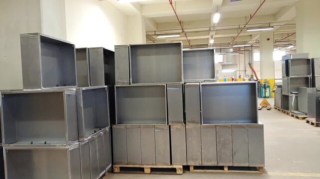 Stacked metal cabinets on pallets ready for powder coating after sanding and cleaning.