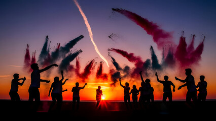 Fototapeta premium Vibrant holi celebration silhouettes against stunning sunset with colorful powder explosion