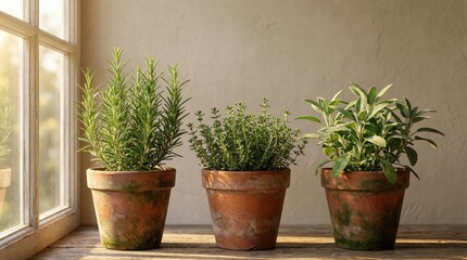 Fototapeta premium Sunlit herb trio: rosemary, thyme, and sage in rustic clay pots on wooden window sill