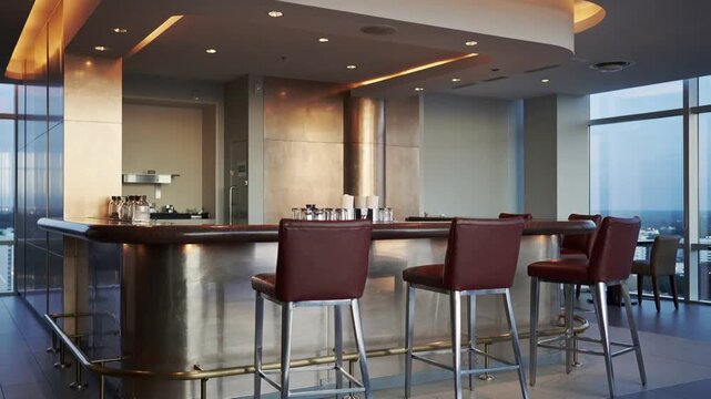 Modern office break room with bar stools and city view