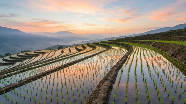 Serene sunrise over asian terraced rice fields reflecting pink and orange skies in lush mountainous landscape