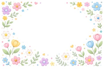 Cute spring floral frame with pastel flowers, empty center