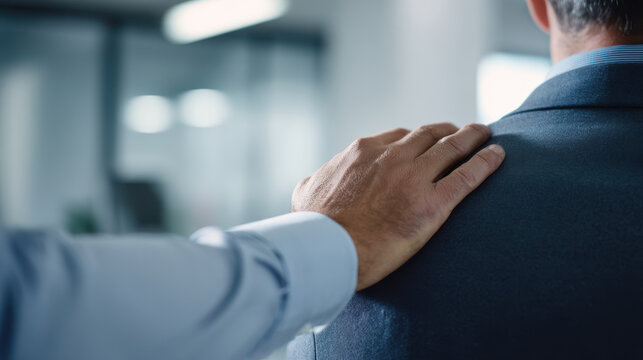National employee appreciation day moment shows supportive hand on colleague shoulder creating warm and encouraging office atmosphere