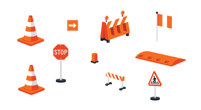 A collection of isometric traffic safety equipment including orange cones a stop sign barriers and road signs is on a white background.