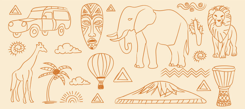 Hand drawn doodle African safari vector illustration set with savanna animals and tribal elements like elephant, lion, giraffe, mask, drum and jeep perfect for travel designs, t-shirts, posters, and p
