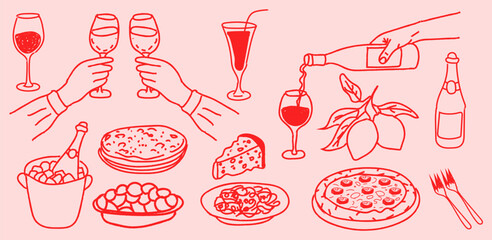 Hand Drawn Italian Food and Wine Doodle Set. La Dolce Vita Line Art Vector Illustration with Pizza, Pasta, Champagne, Lemon and Dinner Party Icons for Menu Design © MDMahmudul