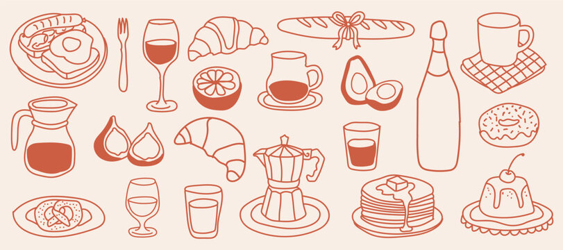 Hand Drawn Breakfast and Coffee Doodle Vector Set with Croissant, Bread, Wine, Pancakes and Dessert Icons in Minimal Line Art Style for Cafe Menu, Poster and Print Design