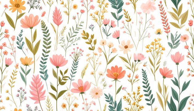 Floral Pattern with Pink Peach Yellow Green Leaves on White Background