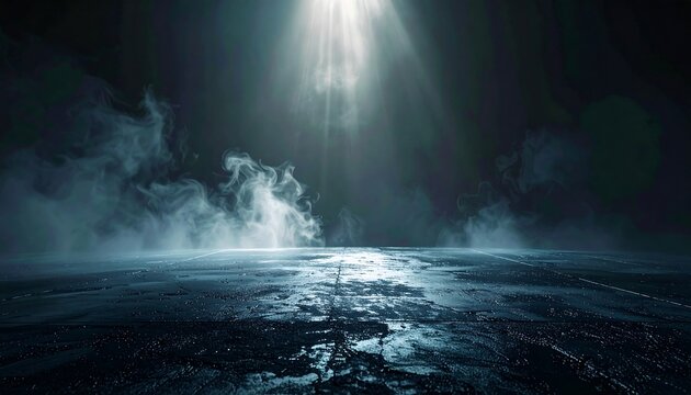 A dramatic scene of a dark, wet surface with swirling mist illuminated by a single, powerful beam of light from above