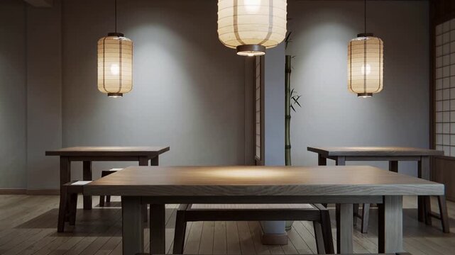 Modern Japanese restaurant interior with wooden tables and lantern lighting
