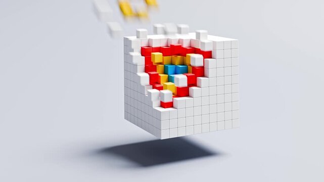 A &ldquo;cube of cubes&rdquo; with white outer layers peeling away to reveal colored inner layer. Concept for abstraction layers in computer science, layered structures in materials, high-dimensional data