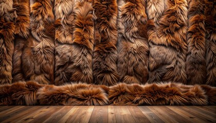 Brown Fluffy Fur Background with Wooden Floor Surface in Soft Lighting
