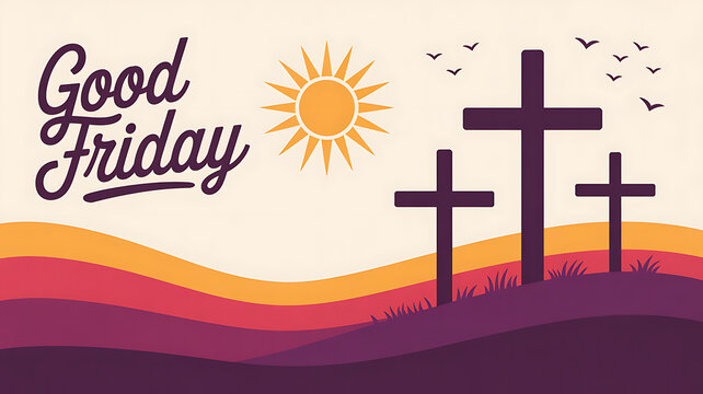 Good Friday graphic with crosses, sun, and distant hills, evoking sacrifice and hope during Christian observance