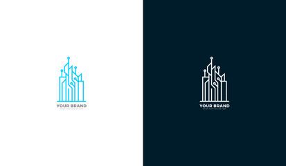 Smart city logo template featuring digital circuit buildings