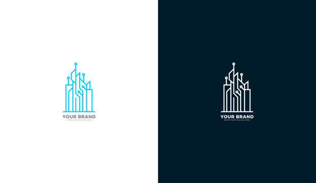 Smart city logo template featuring digital circuit buildings