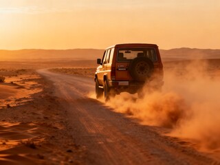 A rugged orange vintage 4x4 SUV kicks up a cloud of dust as it drives along a remote desert road during a breathtaking golden hour sunset, symbolizing adventure.