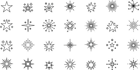 Star sparkle icons collection, magic burst shapes set, outline twinkle symbols, decorative fireworks stars vector isolated on white background © It's Vector