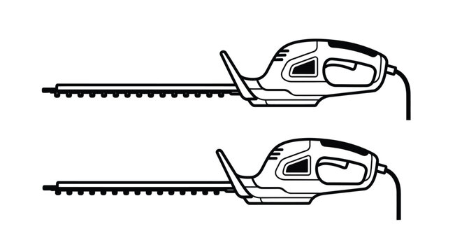 Line art illustration of two electric hedge trimmers side and top views