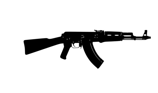 Create a professional vector icon of a Kalashnikov-style AK-47 rifle in solid black silhouette. Balanced proportions with recognizable curved magazine and stock detail. Clean geometric shape, no textu