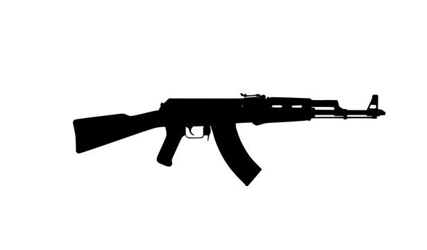 Create a clean black silhouette vector illustration of a classic AK-47 assault rifle in side view. Accurate proportions with recognizable curved magazine and wooden stock shape. Minimal flat design, s