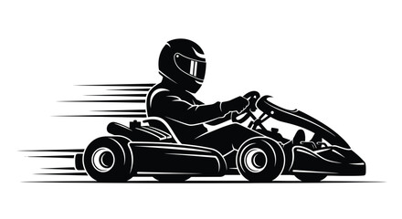A black and white illustration of a racer in a go kart speeding forward © Siam Studio