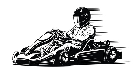 A black and white illustration of a driver in a speeding go kart © Siam Studio