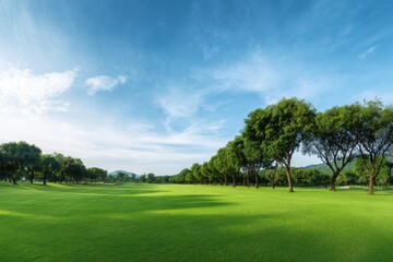 Fototapeta premium Lush green golf course landscape under a clear blue sky with trees lining fairway