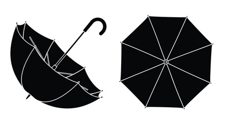 Black umbrella shown in profile and top down views isolated on white © Siam Studio