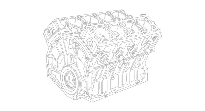 Line drawing of a v8 engine block mechanical illustration style