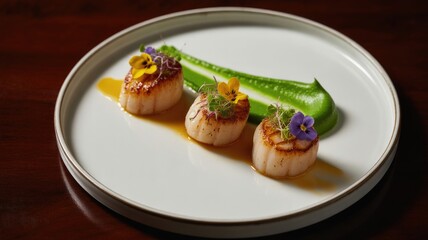 Three perfectly seared scallops elegantly plated with green puree and edible flowers.