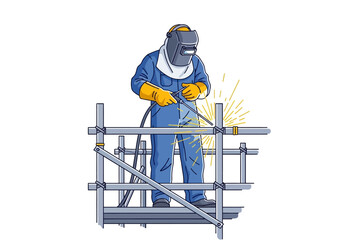 Welder in protective gear working on scaffolding.