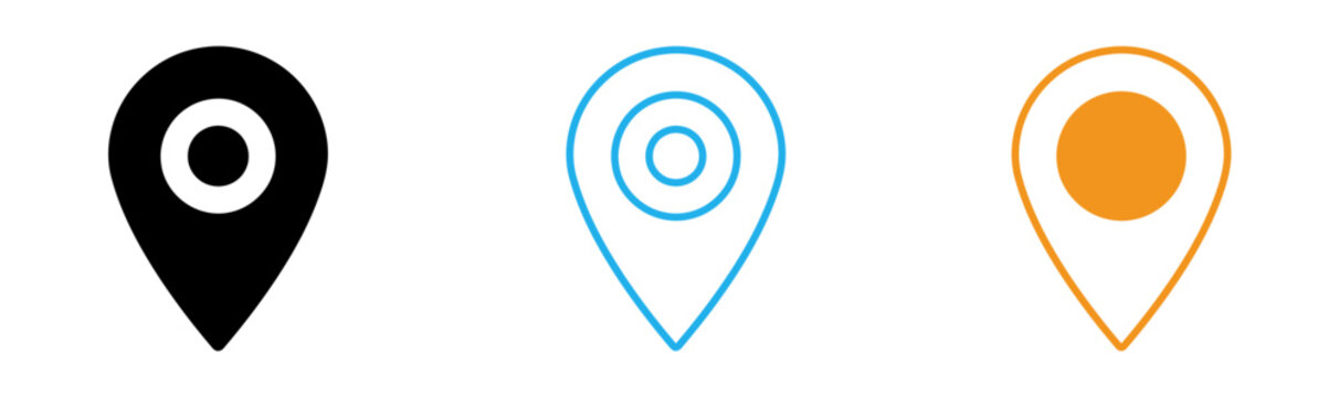Map pin icons in black blue and orange